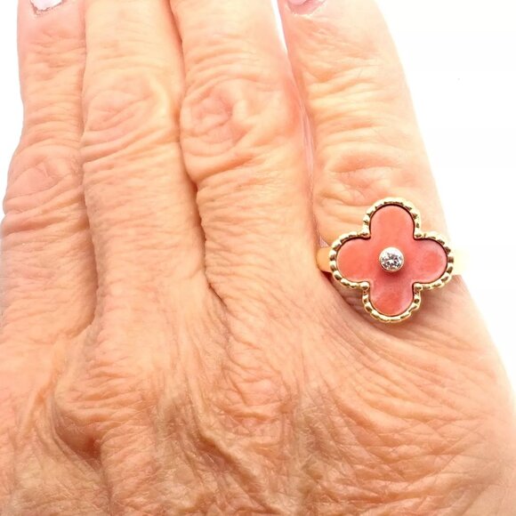 Authentic! Van Cleef & Arpels Alhambra 18k Yellow Gold Coral Diamond Ring PaperA - Picture 7 of 10